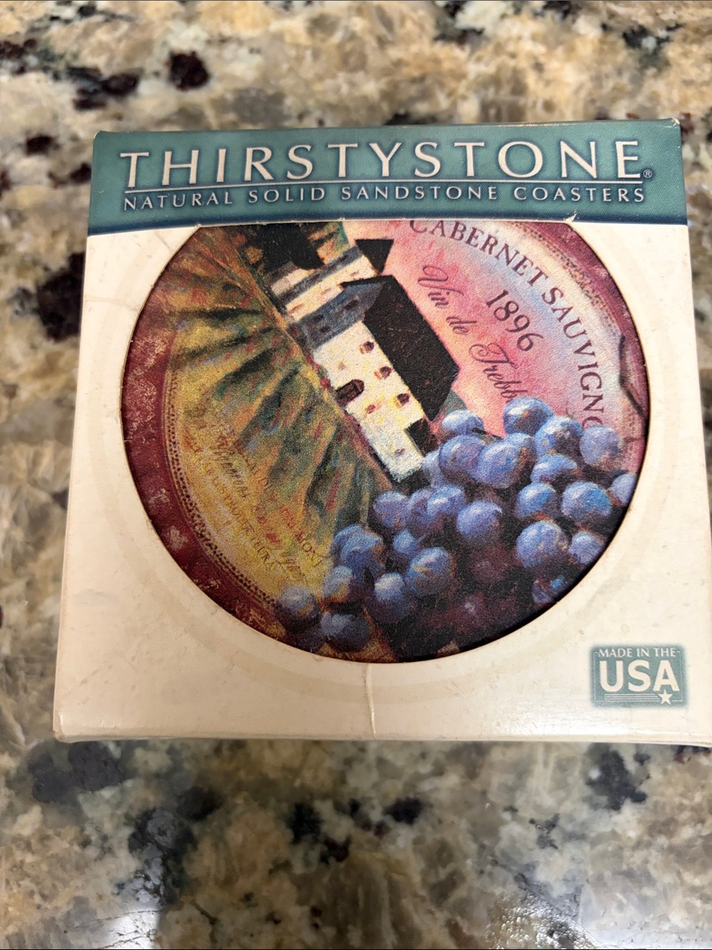 Thirstystone Vineyard Grape Sand Stone Coaster Set of 4- Blue & Cream